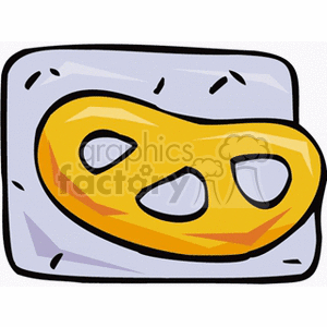 A stylized clipart illustration of a yellow pretzel on a grey background. The pretzel has a distinctive shape with three holes and a golden brown color.