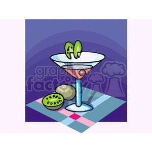 A colorful clipart image of a cocktail in a martini glass, garnished with kiwi slices, and accompanied by a whole and half-cut kiwi on a patterned surface.