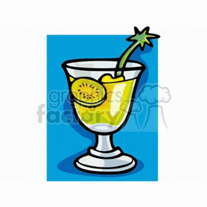 Clipart image of a cocktail glass with a yellow beverage, garnished with a kiwi slice and a decorative straw.