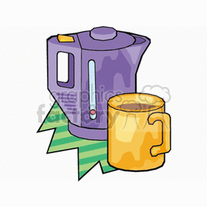 A clipart image of a purple electric kettle and a yellow mug filled with a hot beverage.