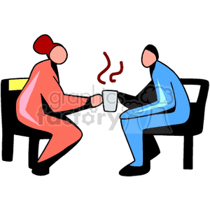 Clipart image of two abstract figures sitting across from each other, enjoying a hot beverage, likely coffee.