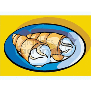 Clipart image of cream-filled pastry cones on a blue plate.