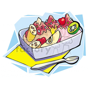 A colorful clipart image of an ice cream sundae with fruit toppings including banana, kiwi, and a cherry, served in a dish with a spoon.