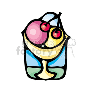 Colorful clipart image of an ice cream sundae with two cherries in a glass dish.