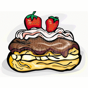 Clipart of a delicious eclair topped with chocolate glaze, whipped cream, and strawberries.