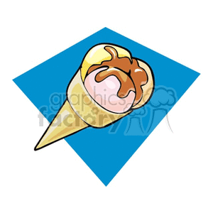 A clipart image of an ice cream cone with two scoops and caramel topping set against a blue background.