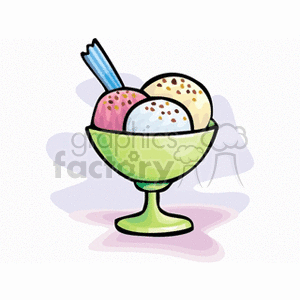 Illustration of a sundae with three scoops of ice cream in a green dish.