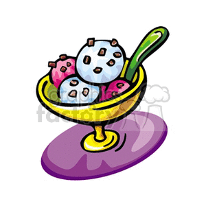 A colorful clipart image of a sundae with ice cream scoops in a decorative bowl.