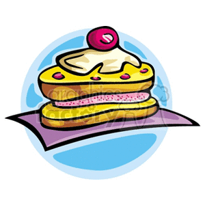 A colorful clipart illustration of a dessert featuring a layered cake with whipped cream and a cherry on top.