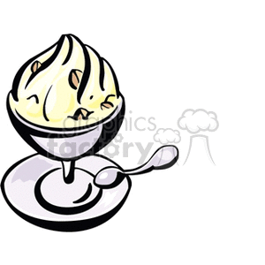 Illustration of a sundae with vanilla ice cream and nuts in a bowl with a spoon.