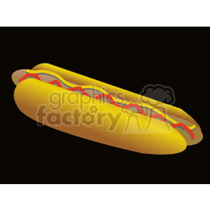 Clipart image of a hotdog with mustard and ketchup.