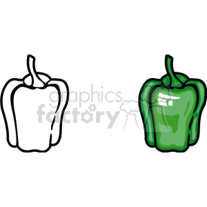 Clipart image of two bell peppers, one in black and white and the other in green color.