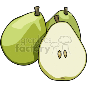 A clipart image of three green pears, with one pear sliced open to reveal its seeds.