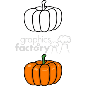 Clipart image featuring two pumpkins. The top pumpkin is outlined in black and white, while the bottom pumpkin is fully colored in orange with a green stem.