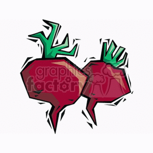 This clipart image features two stylized radishes with green leaves. The radishes are depicted with an edgy, geometric design.