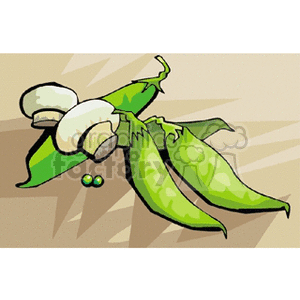 This clipart image features green pea pods with peas inside, accompanied by three mushrooms and two loose peas.