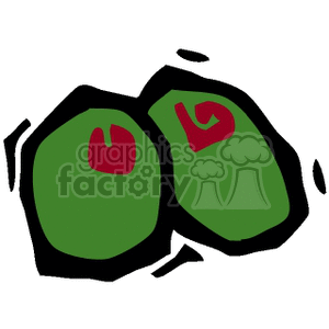 Clipart image of two green olives with pimentos.
