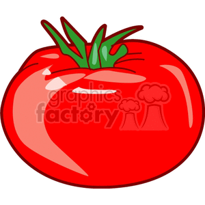 A vibrant red clipart image of a tomato with green leaves at the top.