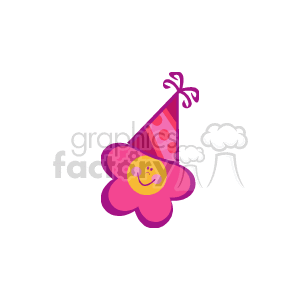 The clipart image depicts a whimsical pink flower with a happy face, adorned with a party hat that features polka dots and a playful swirl design at the top. 
