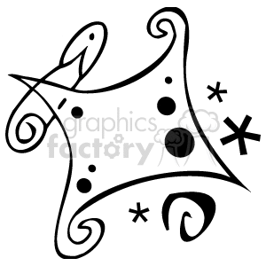 Abstract clipart image of a decorative safety pin with swirls and star accents.