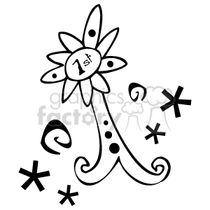   The image is a black and white clipart of a stylized number 1 decorated with polka dots and a flower-like shape at its top, with a ribbon across the center of the flower displaying the text 1st. Surrounding the number are various confetti or streamer elements, which may suggest a celebration or a festive occasion such as a first-place winning, a first anniversary, or a 1st birthday party. 