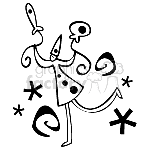 A whimsical black and white clipart image of a person wearing a party hat, celebrating with festive decorations and stars.