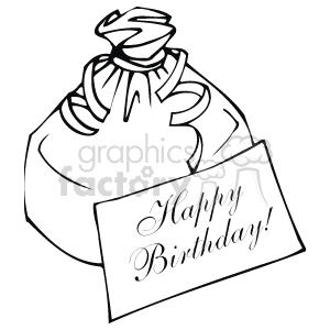 The clipart image depicts a stylized gift or present, which is commonly associated with celebrations such as birthdays and anniversaries. The gift is tied with a ribbon, and there is a tag attached to it that reads Happy Birthday! This indicates that the gift is intended for a birthday celebration.