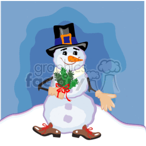 The image is a clipart depiction of a festive snowman. The snowman is wearing a top hat, has a carrot nose, coal-like eyes, and a smile, and is donned with gloves. It also is wearing shoes and holding a small green branch or fir twig tied with a red ribbon, suggestive of holiday decoration.