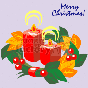 The clipart image features two red, lit candles with a warm glow, surrounded by green leaves and red berries. The candles are nestled within what appears to be a Christmas wreath, which is a symbol of the holiday season. The background is a neutral shade, and the words Merry Christmas! are written in a festive blue script towards the top right corner, adding to the celebratory theme of the image.