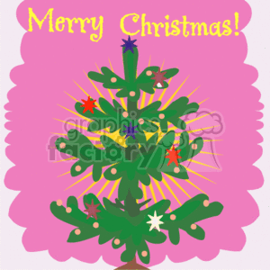 The clipart image features a cartoon-style depiction of a decorated Christmas tree with a star on top and various ornaments including stars and snowflakes. The background has a glowing effect that emanates from behind the tree. At the top of the image, in a festive font, the text Merry Christmas! is displayed.