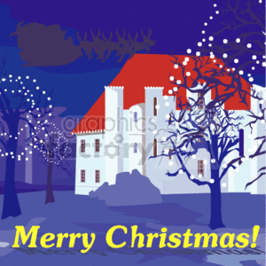   The clipart image depicts a wintery Christmas scene at night, featuring a house with a red roof decorated with Christmas lights. Around the house, there are snow-covered trees, one with Christmas tree lights. The sky is dark and there