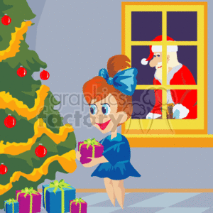   This is a colorful, animated clipart image depicting a traditional Christmas scene. It features a young girl with a bow in her hair, holding a gift and smiling. She