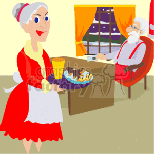   This clipart image features Mrs. Claus offering Santa Claus a plate of cookies and a glass of milk. Santa Claus is seated at a desk with papers in front of him, likely checking his list of who