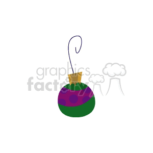 A colorful Christmas ornament featuring green and purple sections with a curved hook for hanging.