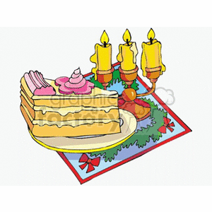 A festive clipart image featuring a slice of cake on a decorative plate, with lit candles on a candelabra and a holiday-themed mat.