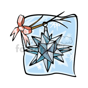 Clipart image of a blue star-shaped ornament with a pink ribbon, set against a light blue background with snowflakes.