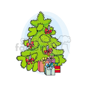 Clipart image of a decorated Christmas tree with candles and a variety of wrapped gifts underneath.