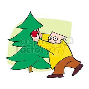 A cartoon man hanging a red ornament on a Christmas tree.