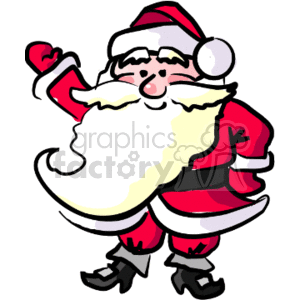 This image features a cartoon representation of Santa Claus. He is depicted with a large white beard, wearing his characteristic red suit with white trim, a red hat with a white pom-pom, black boots, and a cheerful expression. His right hand is raised in a friendly greeting gesture.