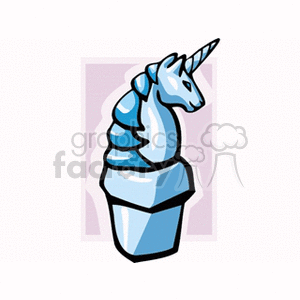 A stylized clipart image of a blue unicorn shaped decoration in a pot.