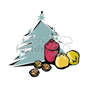 Clipart of a Christmas tree with a lit candle, nuts, and cookies.