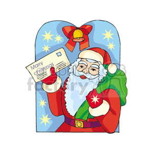 This clipart image features Santa Claus holding a letter addressed to him, symbolizing holiday mail. He is surrounded by stars, a bell, and a festive bow.