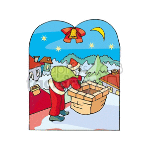 Santa Claus with a sack of gifts preparing to go down a chimney on a snowy night.