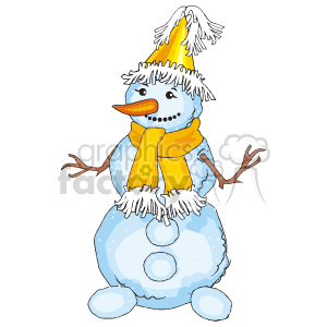   The clipart image features a cheerful snowman adorned for the holiday season. The snowman has a prominent carrot nose, a wide smile, buttons, and stick arms. It