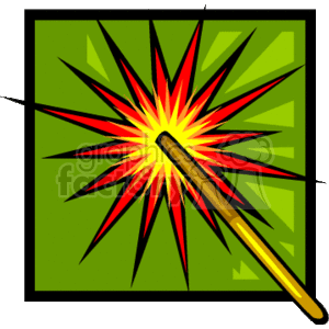 This clipart image features a stylized representation of a sparkler or a bursting firework with multiple points, radiating vibrant yellow, red, and orange colors against a green square background.