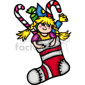 The clipart image shows a colorful Christmas stocking filled with presents. Within the stocking, there's a depiction of a doll with blonde hair, along with candy canes and what appears to be wrapped gifts peeking out from the top.