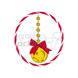 The clipart image displays a stylized Christmas decoration featuring a yellow ornament with star and snowflake designs, hanging from a string of golden beads and topped with a red bow. The ornament is framed by a circular wreath of red holly leaves, creating a festive holiday design.