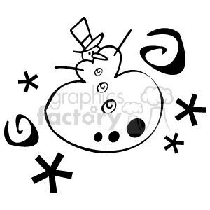   This is a black and white clipart image that features a whimsical snowman. The snowman has two segments, with the bottom segment larger than the top. It has a stylized design with swirls and buttons, and it