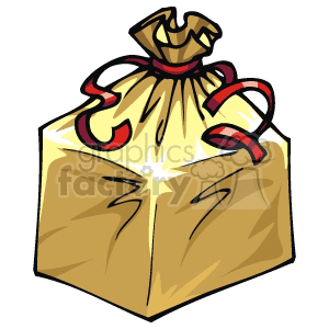 Clipart image of a wrapped Christmas gift with red ribbons.