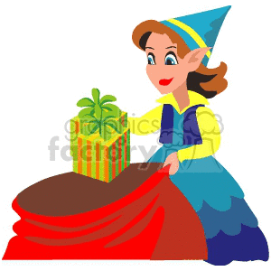 A festive elf with a Christmas gift and a red sack, symbolizing holiday joy and gift-giving.